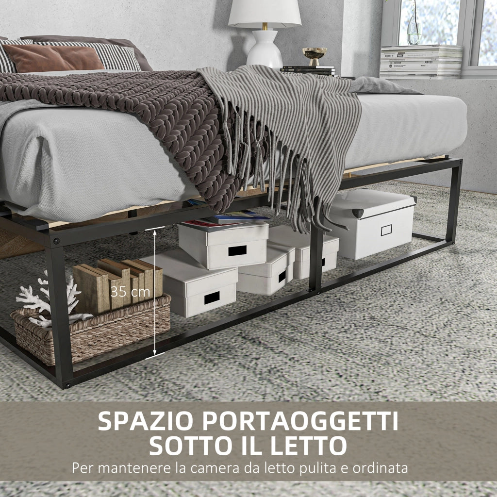 Struttura Letto con Doghe in Compensato e Contenitore inferiore, 190x160x35cm, Nero e color legno