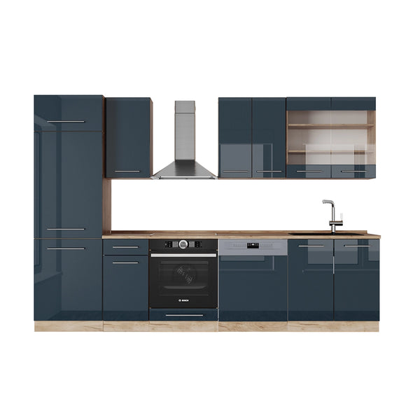 Mobile da cucina Fame-Line Blu scuro lucido/Rovere dorato 300 cm senza piano di lavoro Vicco