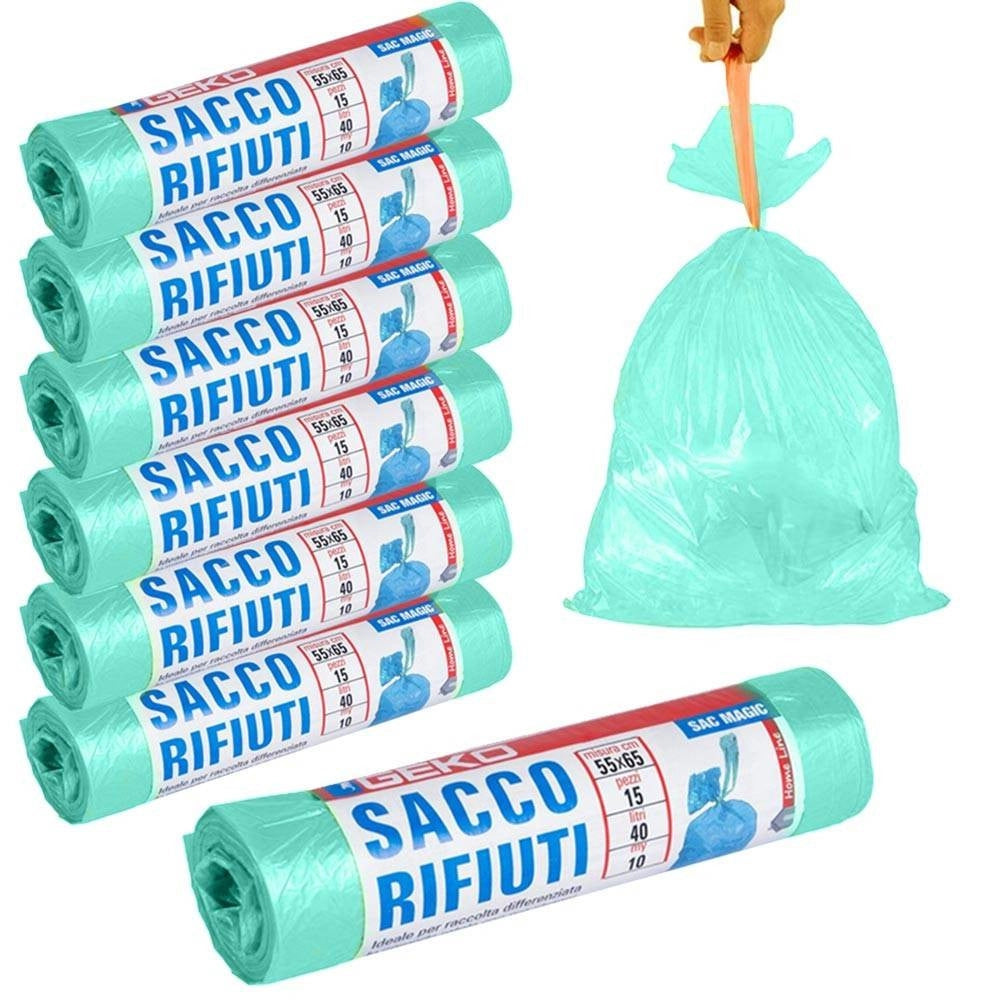 Trade Shop - 7x Rotoli Sacchetti Buste Spazzatura 40lt 55x65cm Chiusura Laccetto Verde 105pz -