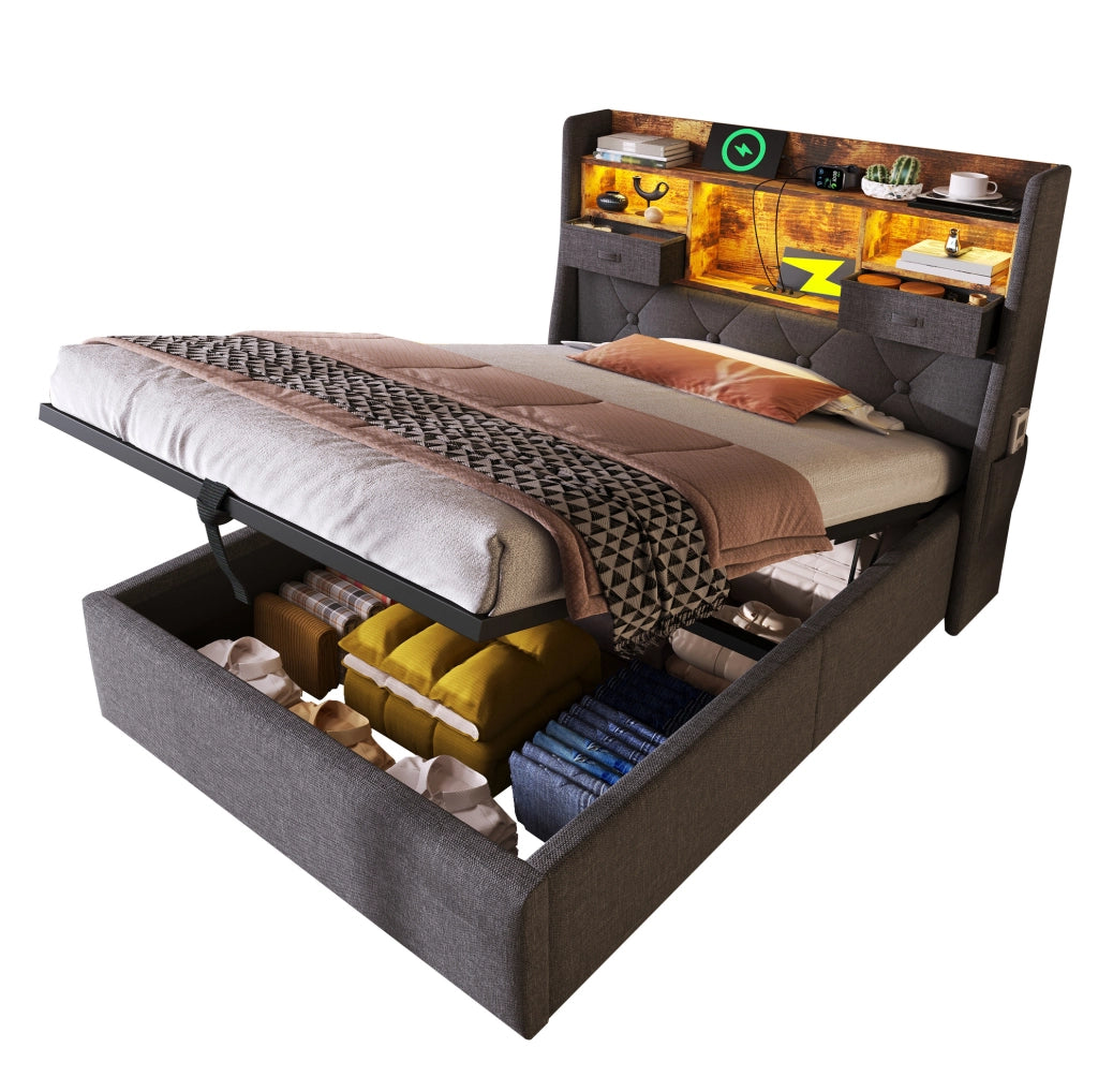 Letto imbottito 90x200 cm in lino grigio con contenitore idraulico; testiera LED e porte USB