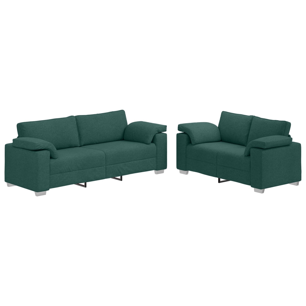 Set divano 2 pezzi con cuscini in tessuto verde scuro