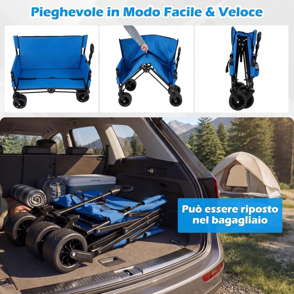 2 in 1 Carrello Pieghevole con Panca, Carrello Trasportabile con Maniglia Regolabile, Cuscini Morbidi e Ruote, Carrello da Giardino in 600D Oxford, 80 kg, 85 L, per Campeggio e Spiaggia (Blu)