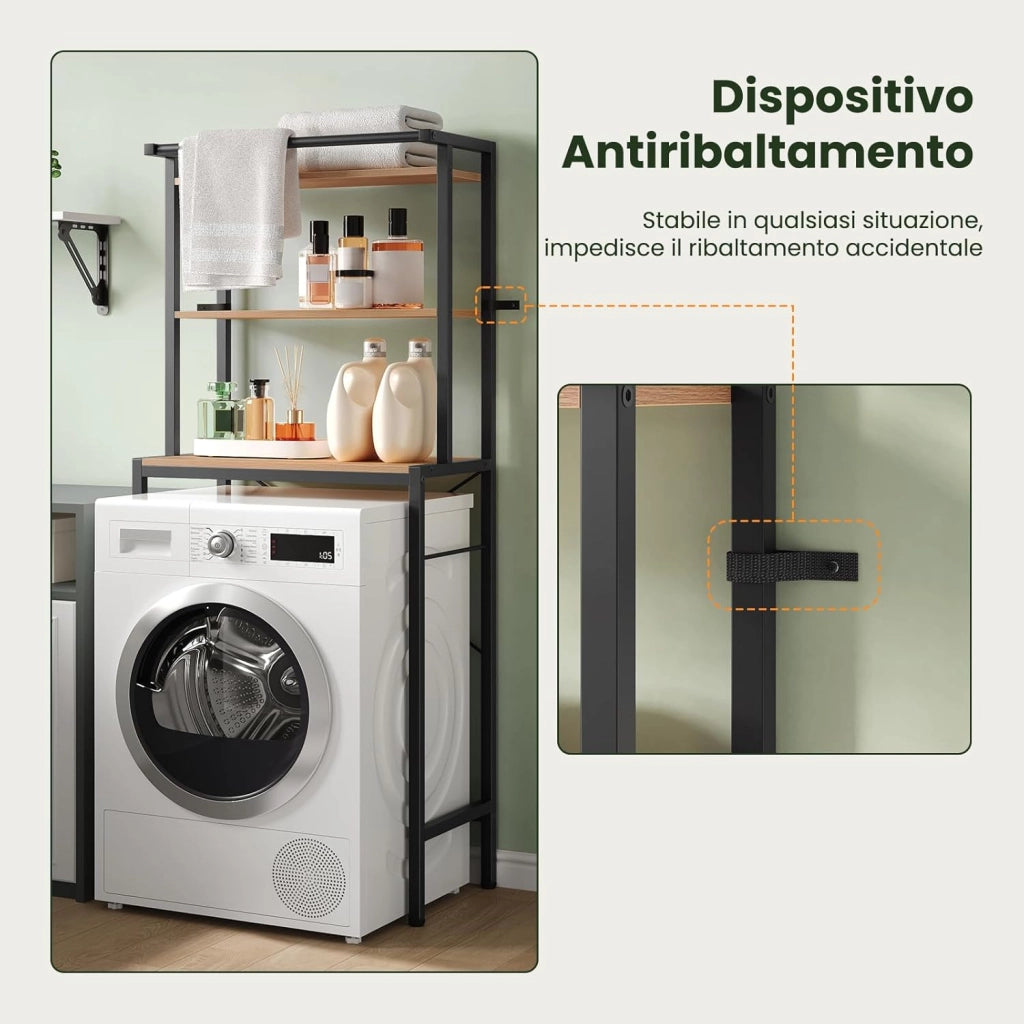 Scaffale sopra Lavatrice a 3 Livelli, Mobile sopra WC Autoportante con Asta di Sospensione, Mobile sopra Lavatrice per Bagno o Lavanderia, 67x40x162cm