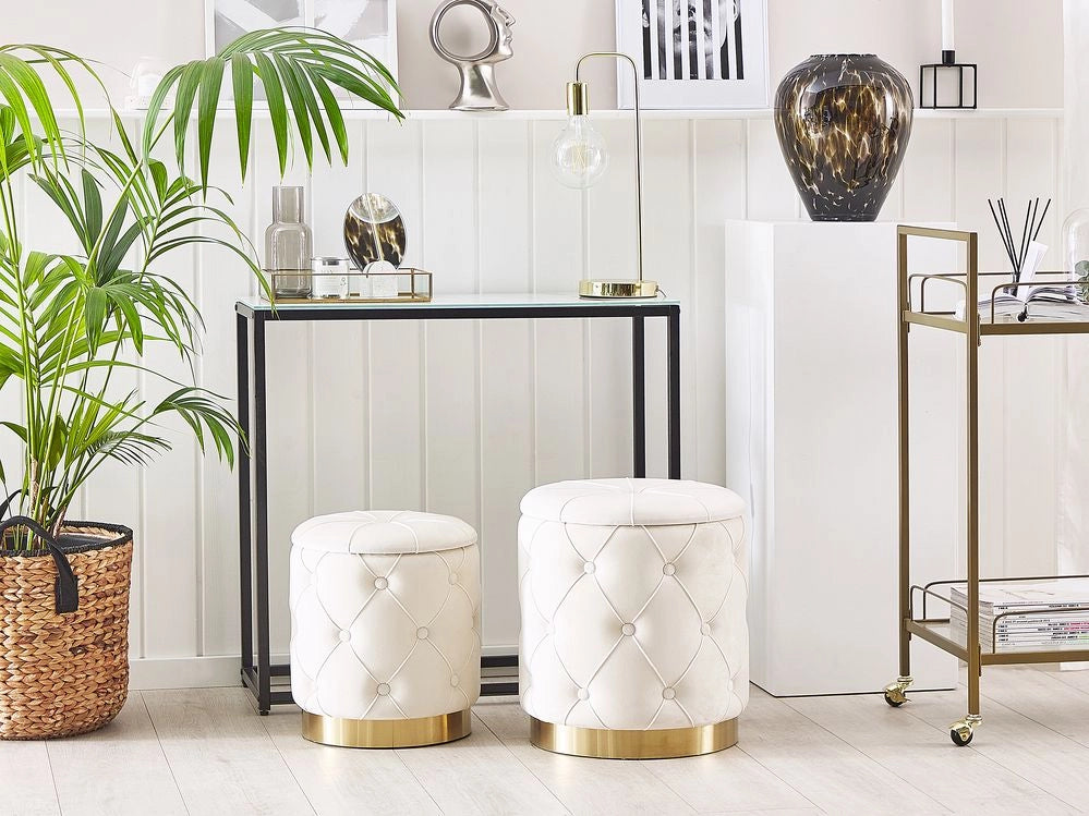 Set di pouf portaoggetti in velluto di poliestere bianco con rivestimento capitonnè base dorata design retrò