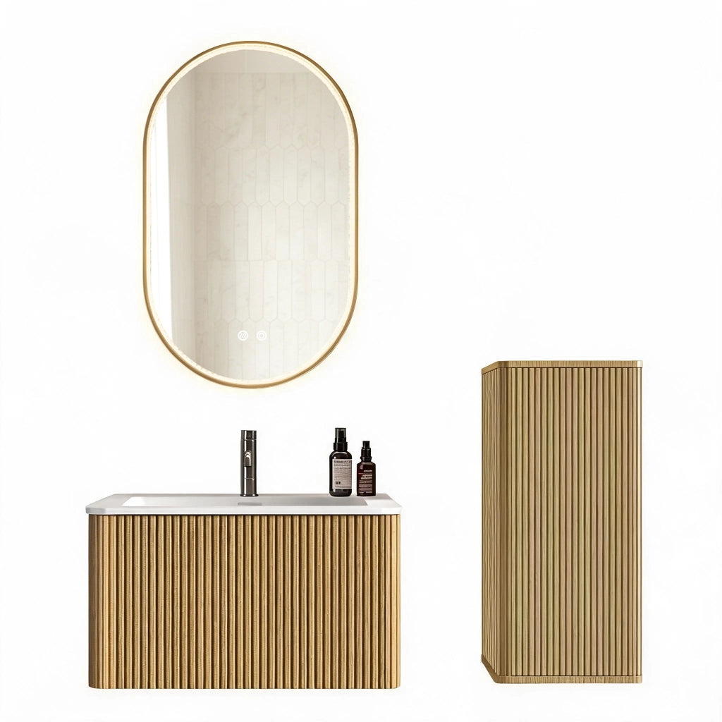 Mobile bagno con lavabo; specchio LED e colonna sospesa con spazio contenitore per bagno; in MDF vetro e rovere