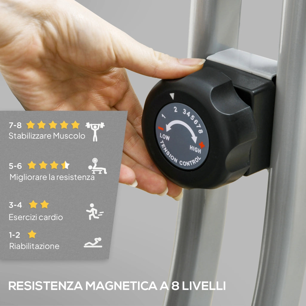 Cyclette Pieghevole Magnetica a 8 Livelli con Display LCD, Rotelle e Sellino Regolabile, Grigio e Nero