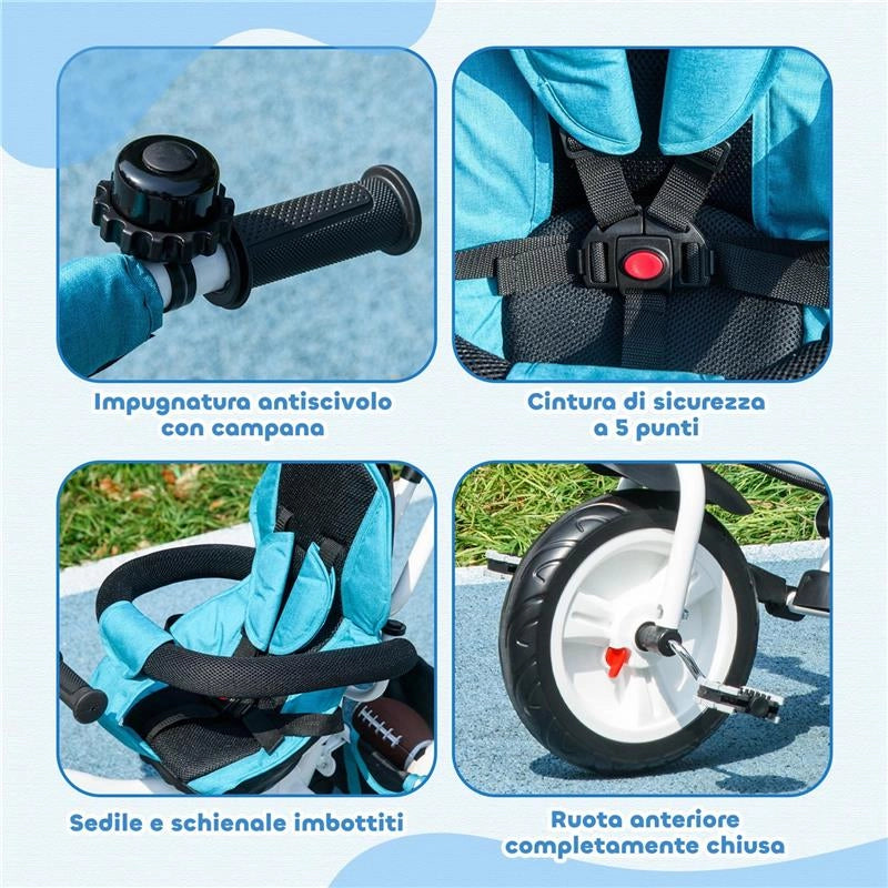 TRICICLO PER BAMBINI CON MANIGLIONE 6 IN 1, TETTUCCIO REGOLABILE E CINTURA DI SICUREZZA, ETÓ 1-5 ANNI, BLU