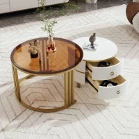 Tavolino 2-in-1 Rotondo in MDF con 1 Piano Bianco e 1 Piano Marrone in Vetro Temperato, Tavolini con 2 Cassetti per Soggiorno, Bianco