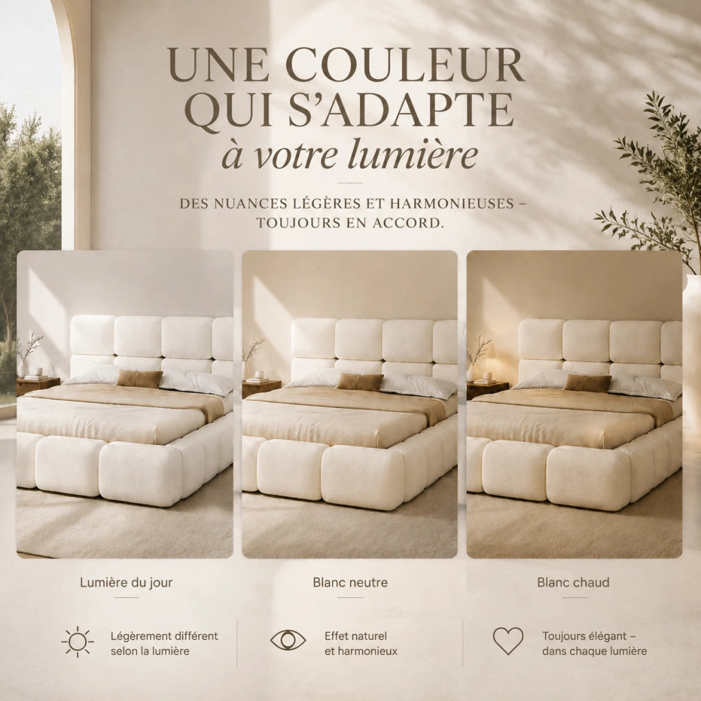 Letto matrimoniale 160 × 200 cm con rete inclusa, testiera imbottita, senza materasso, bouclé bianco