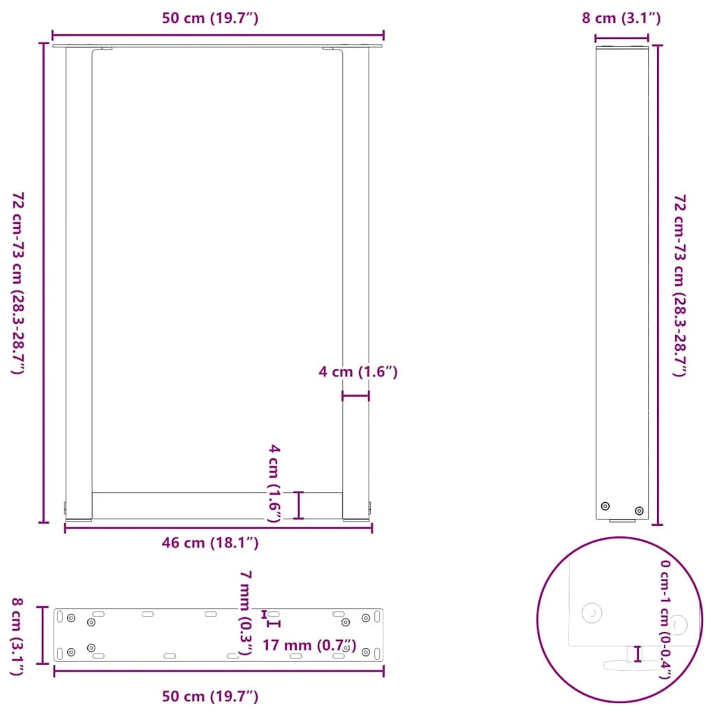 Set di 2 gambe regolabili per tavolo da pranzo a forma di U 50 x 72-73 cm in acciaio verniciato a polvere naturale 02_0057419