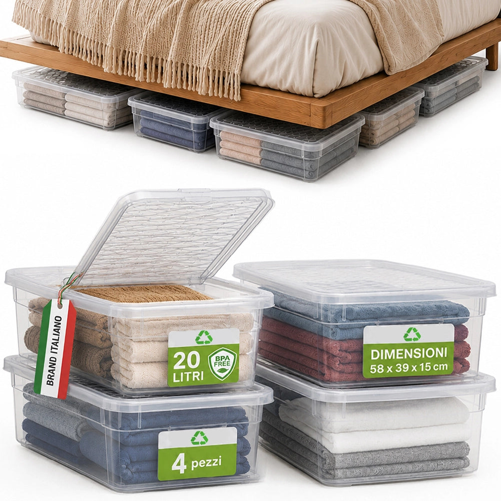 4 Pezzi Storage Box Marea Contenitori Sottoletto in Plastica 20L x 4Pz 58x39x15cm