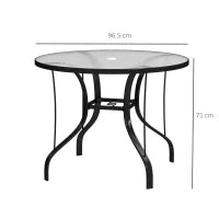 Tavolino da Giardino Rotondo con Foro per Ombrellone, in Metallo e Vetro Temperato, Ø96.5x71 cm, Nero