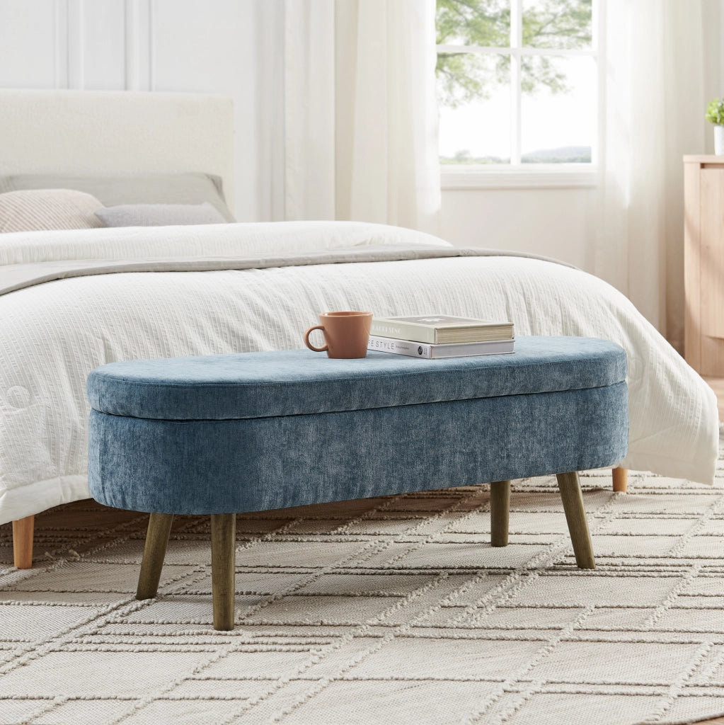 Panca contenitore ovale in ciniglia blu 110x40x42 cm