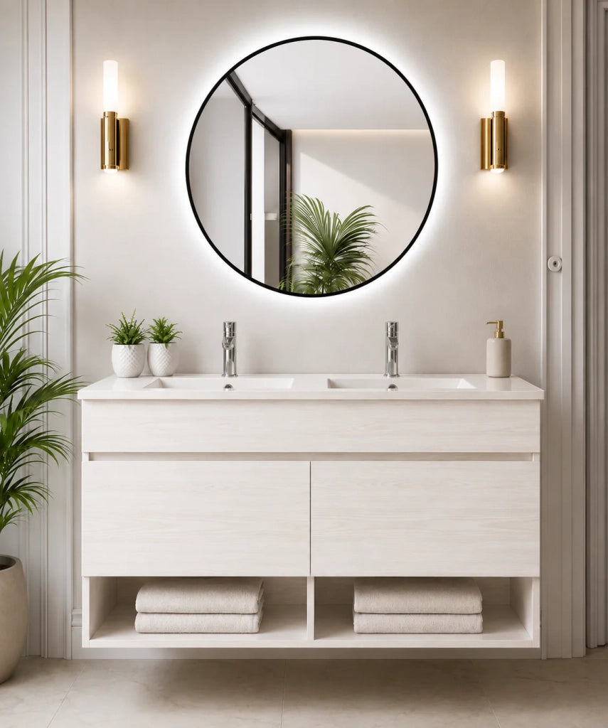 Mobile bagno sospeso con lavabo extrapiano ORIGENBATH NEBARI senza specchio 120x45 cm doppio lavabo bianco nordico