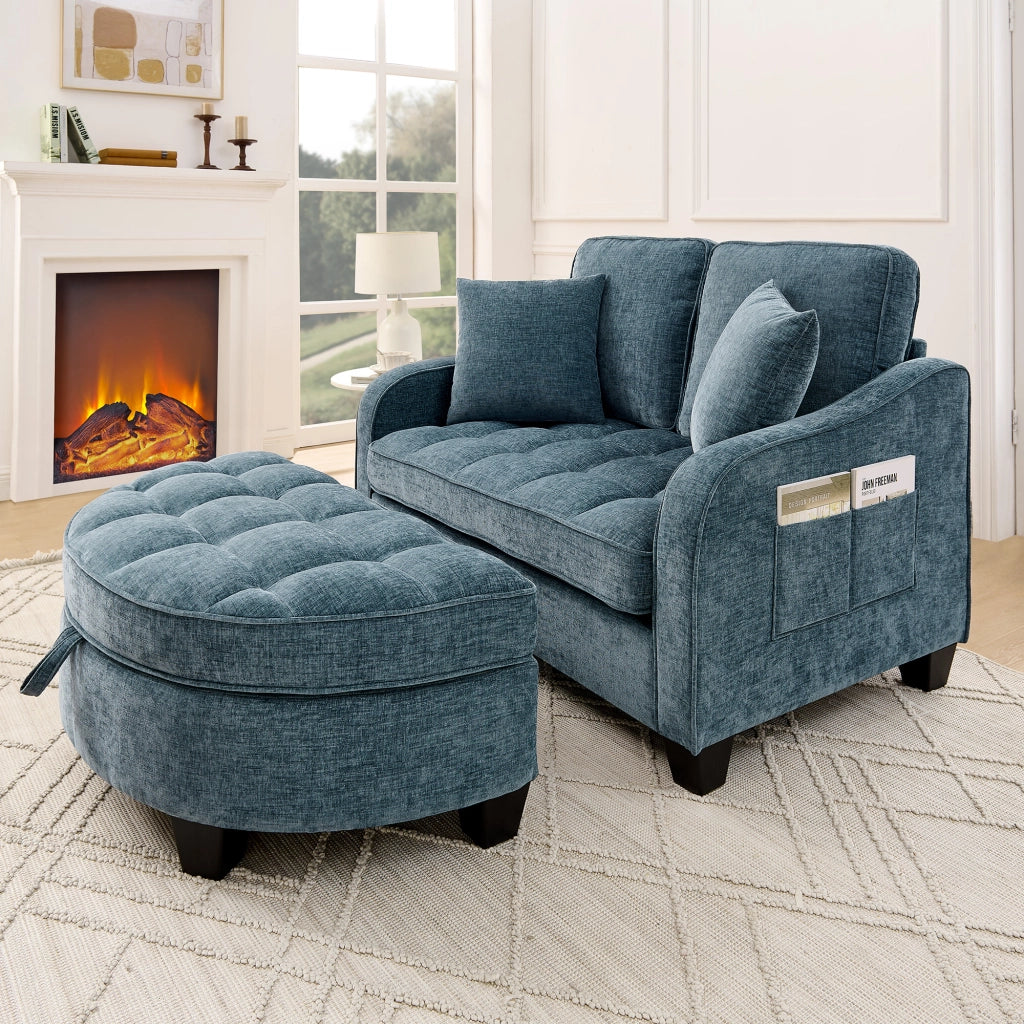 Divano letto 2 in 1 - con pouf contenitore e conversione rapida - in eucalipto blu