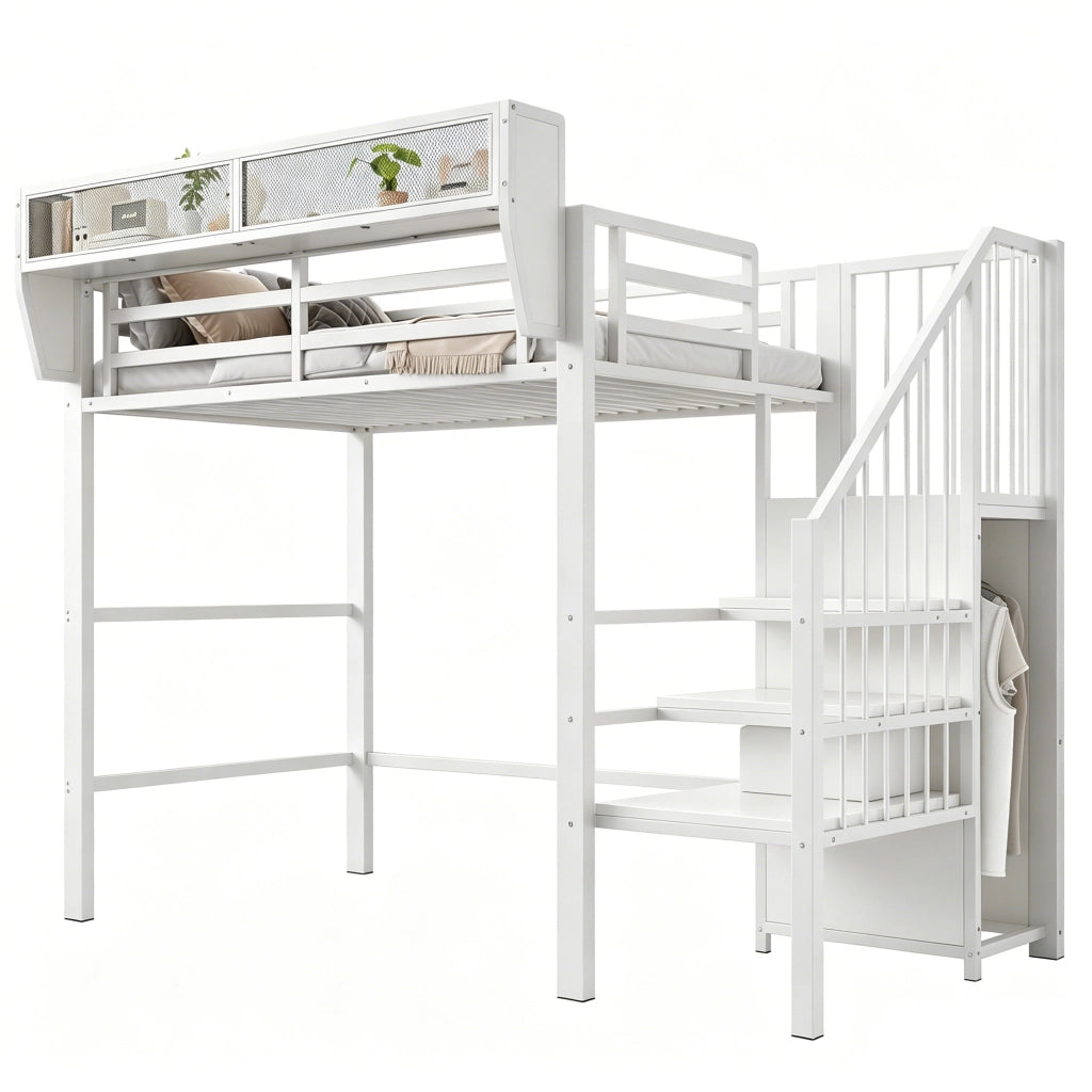 Letto a soppalco 90x200 con scala di sicurezza e LED, metallo e MDF, bianco e nero