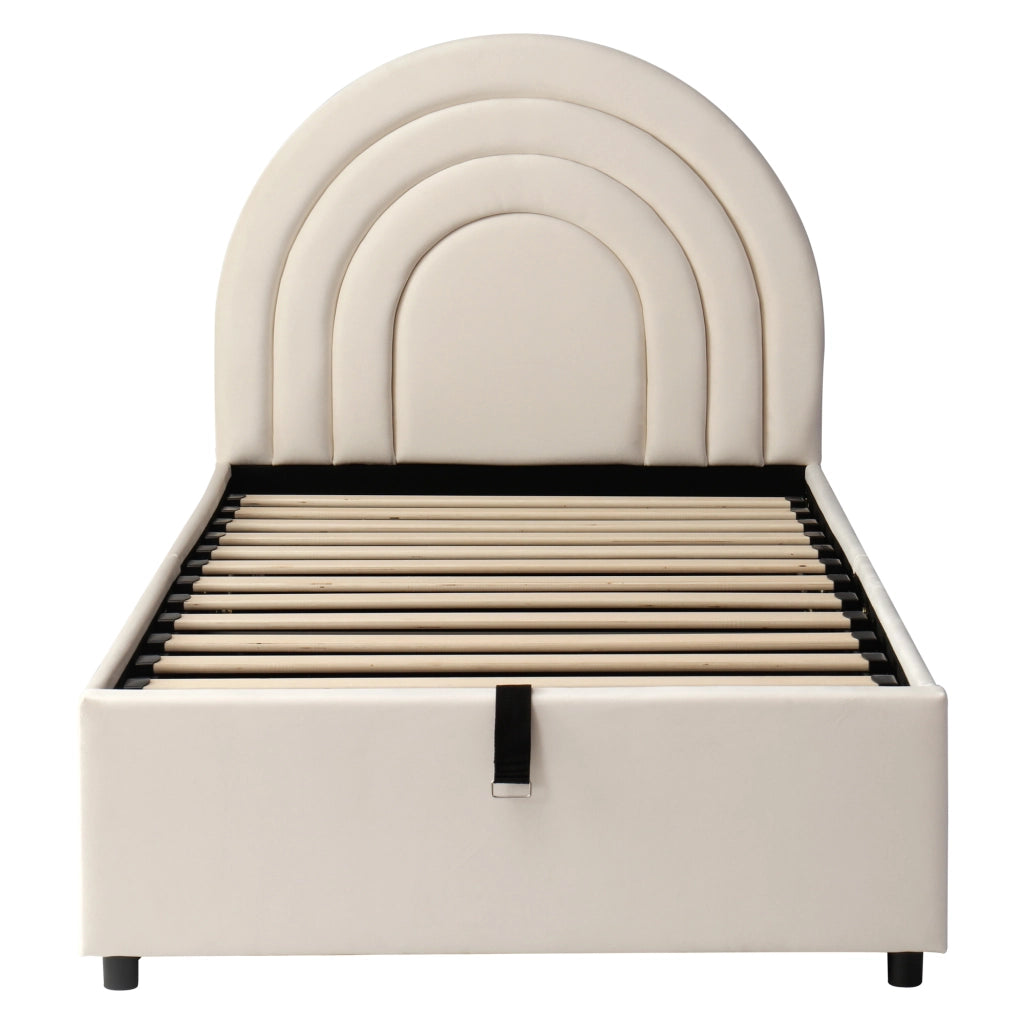 Letto singolo imbottito 90 × 200 cm con vano contenitore e testiera in velluto beige per cameretta