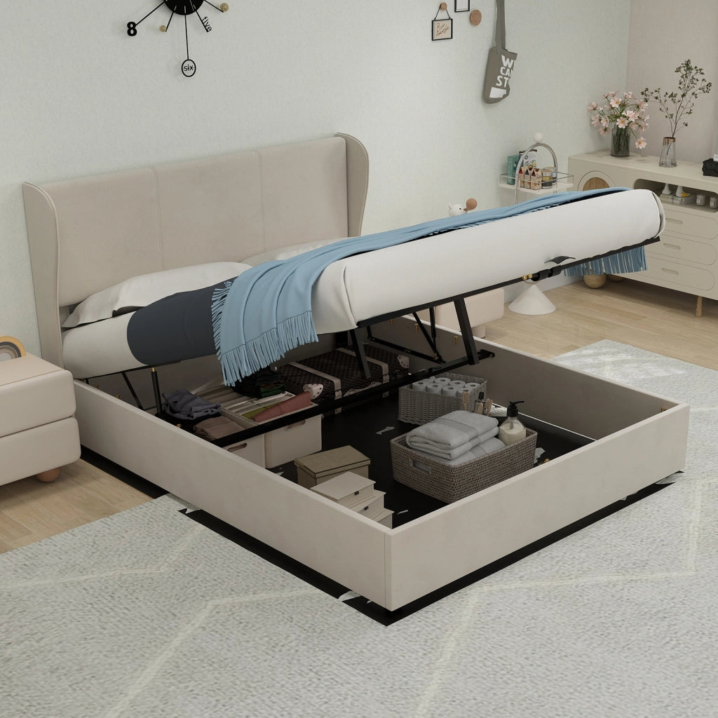 Letto Contenitore Imbottito ¨C MINIMAL ¨C Beige 140x200 con Testiera e Meccanismo Idraulico