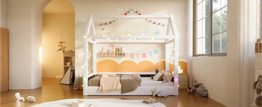 Letto a giorno con luci LED in MDF beige 90x200 cm