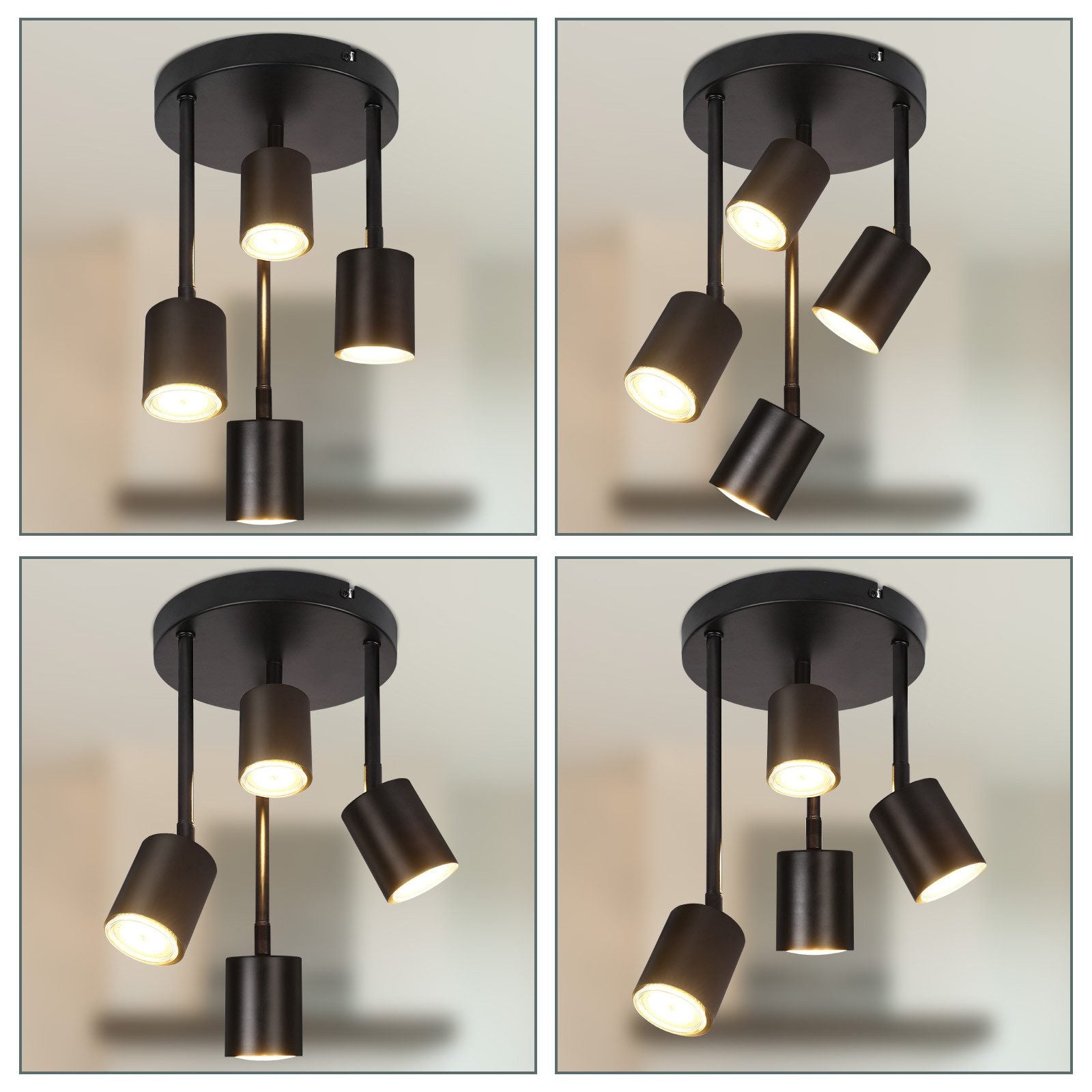ZMH Lampada da soffitto nera 4 faretti LED GU10 orientabili 350° plafoniera per cucina