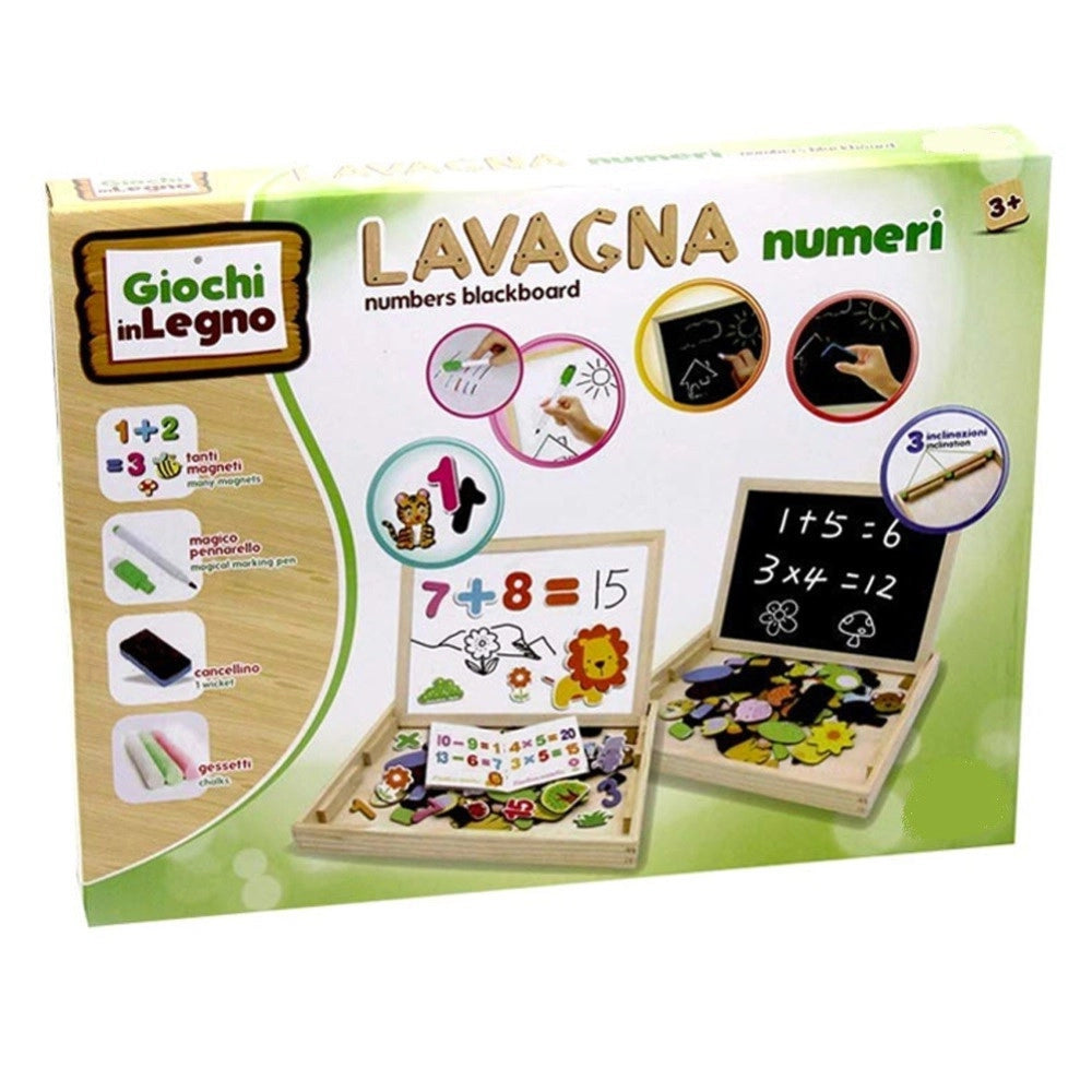 Trade Shop - Scatola Lavagna In Legno 2 Lati Gessetti Pennarelli E Magneti Lettere E Numeri -