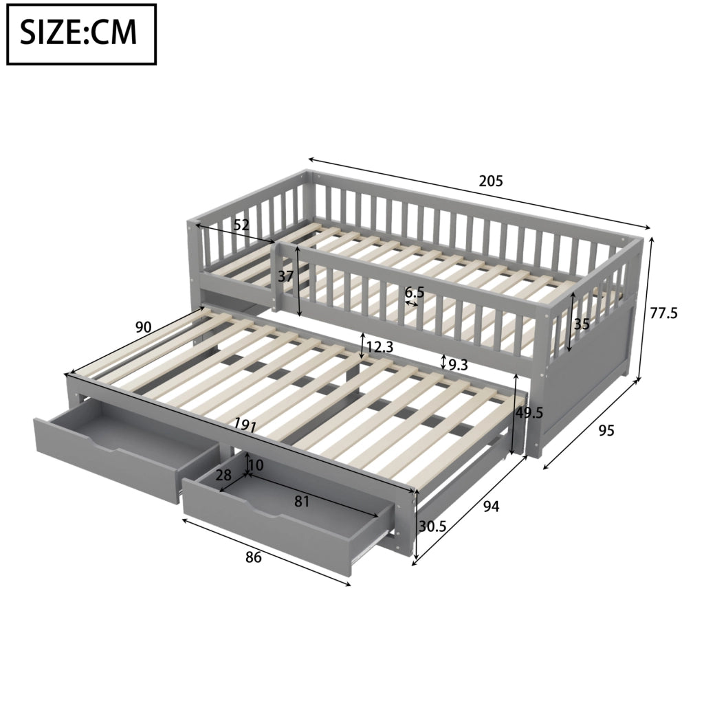 Divano letto multifunzionale con letto estraibile e 2 cassetti; 90x200 cm; grigio