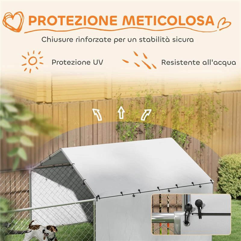RECINTO PER CANI CON COPERTURE E CIOTOLE GIREVOLI, IN ACCIAIO E TESSUTO OXFORD, 4X2.3X1.5 M, ARGENTO