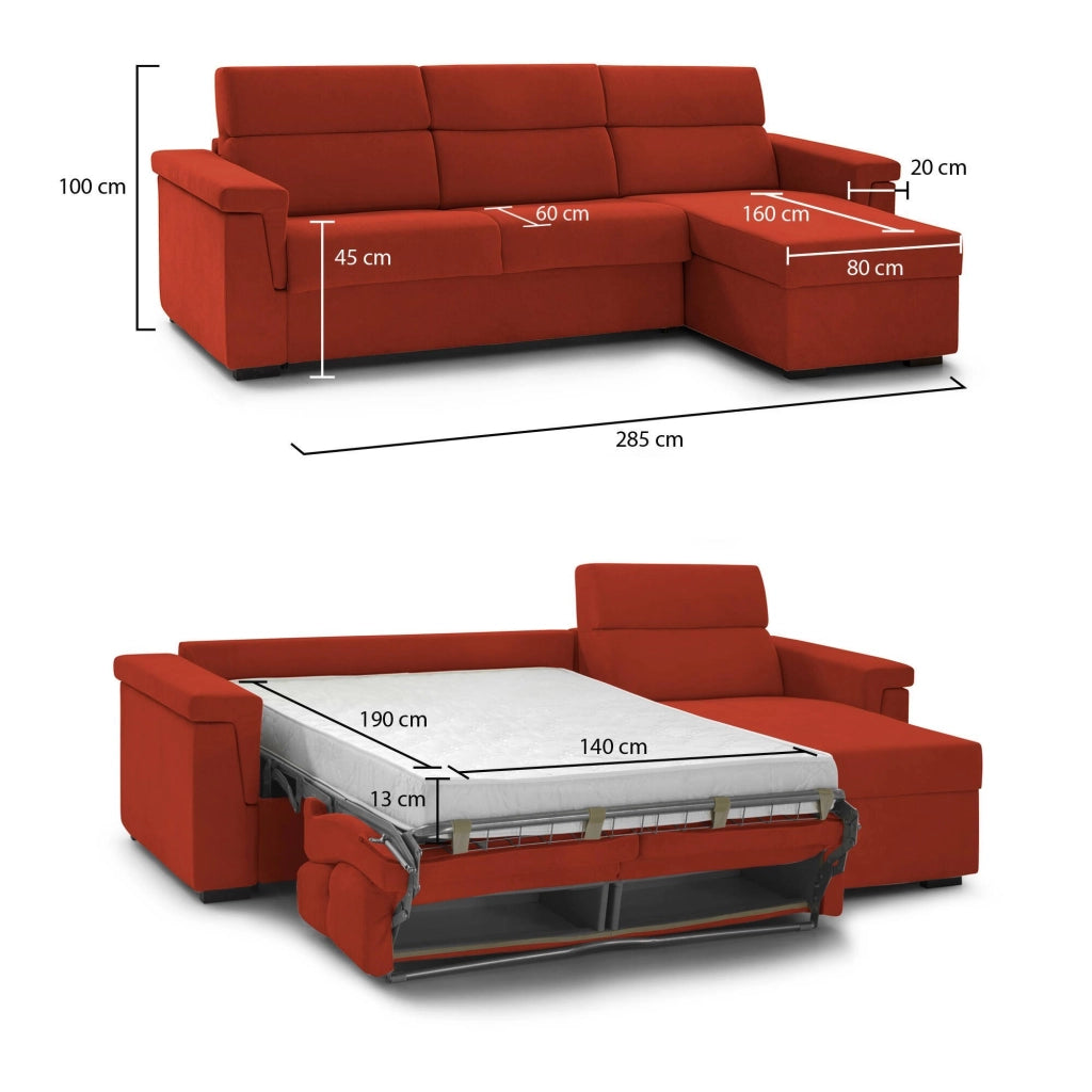 Esca, Divano Letto con Penisola Sfoderabile Made in Italy, 285x160 cm Arancione