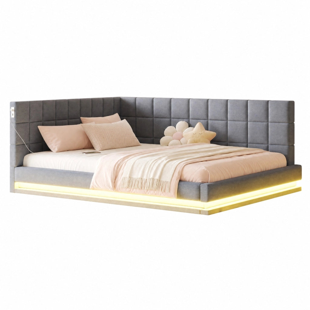 Divano letto imbottito 160x200 cm con LED; USB e rete a doghe; lino; grigio