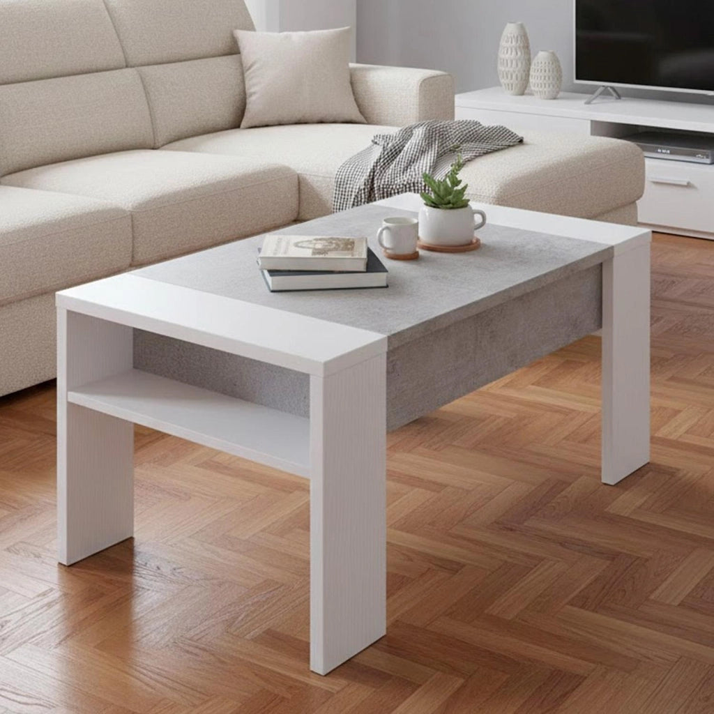 Tavolino Da Living Trasformabile Con Piano Sollevabile E Vano Contenitore Tavolo Moderno Per Salotto Soggiorno Smart Working 98 X 50 X 43 Cm Bianco E Grigio Cemento