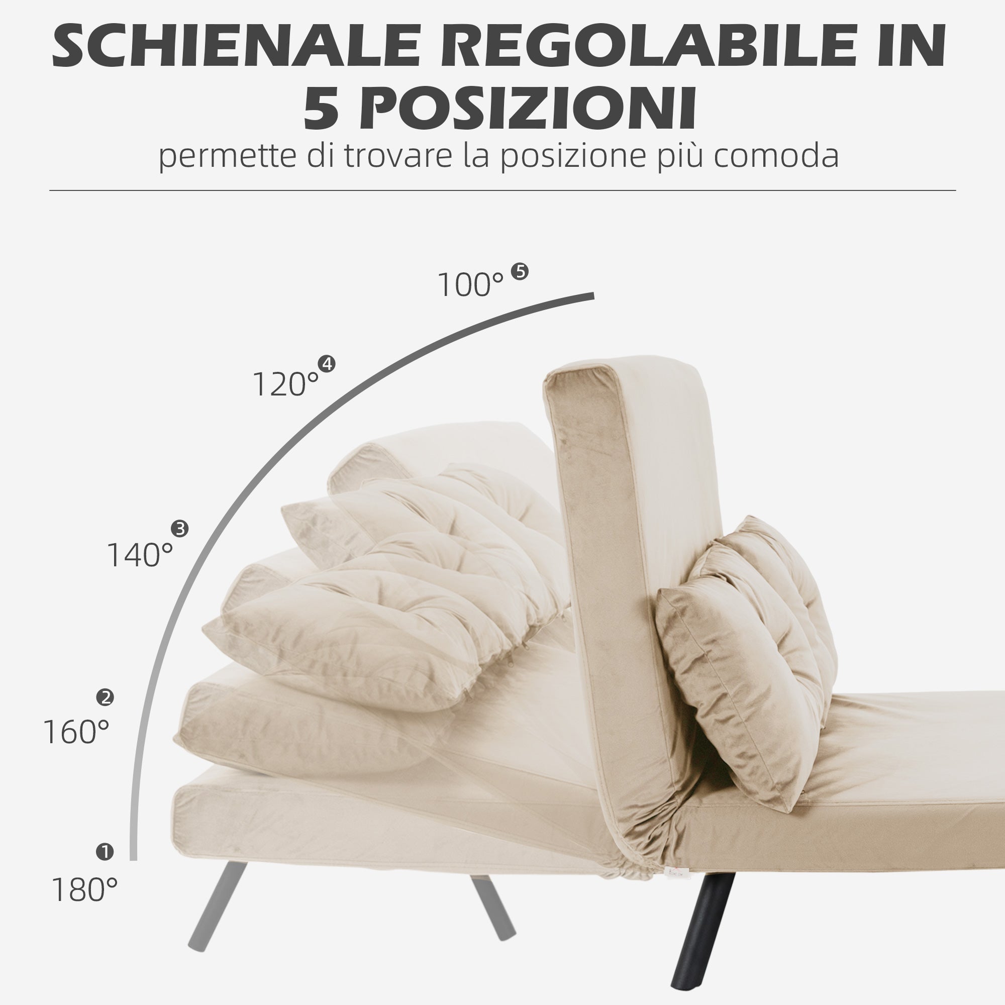 Divano Letto 3 in 1 con Schienale Regolabile e 2 Cuscini 102x73x81 cm in Tessuto Effetto Velluto Beige