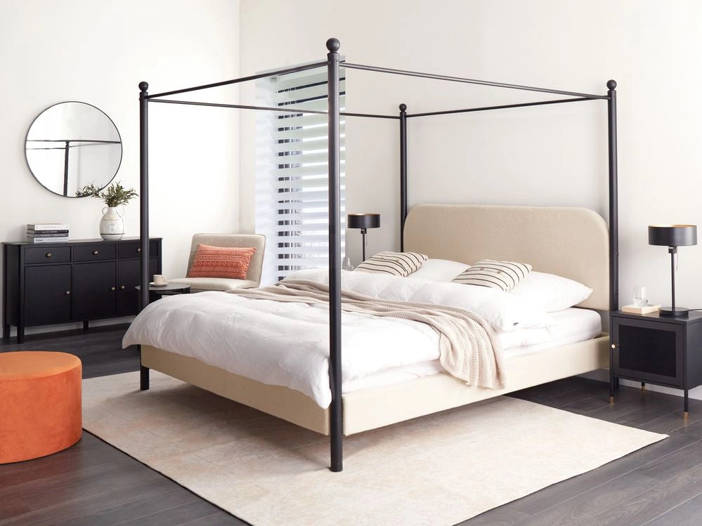 Letto a baldacchino in metallo nero con rivestimento in bouclé beige 180 x 200 cm EU Dimensioni doppie Retro Minimalista