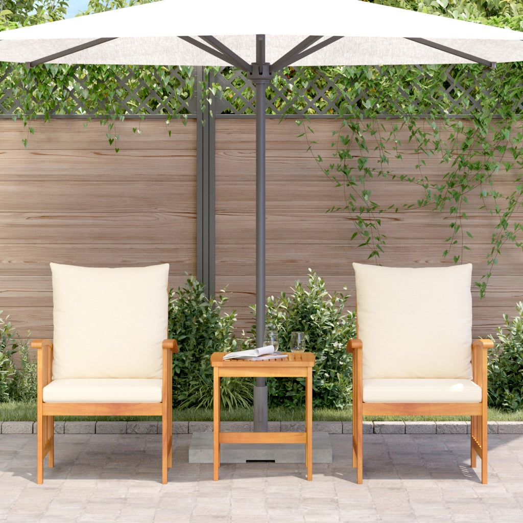 Set da giardino a 3 pezzi con cuscini in legno massello di acacia