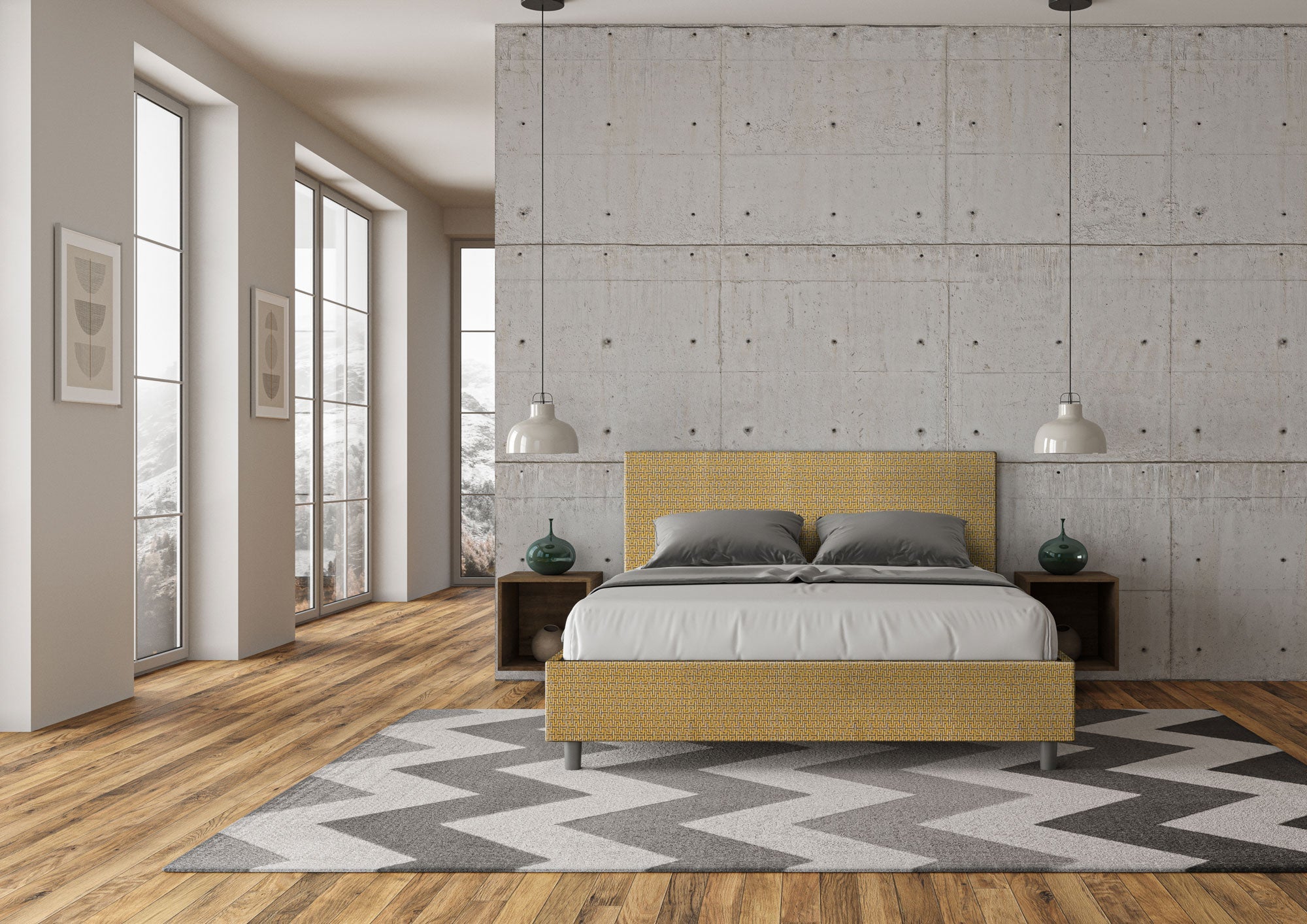 Letto Matrimoniale 160x210 cm con Rete e Contenitore Adele Labirinto 06 Giallo