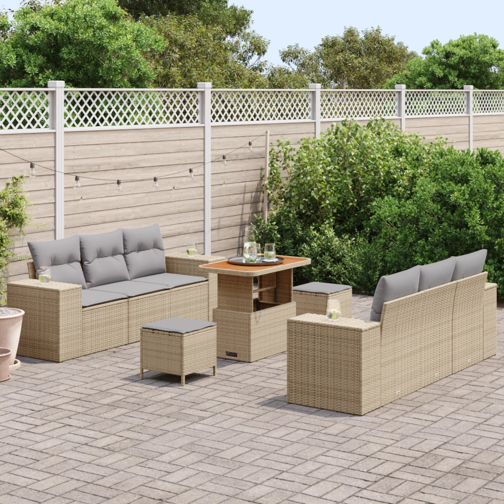 Set di divani da giardino 9 pezzi con cuscini Beige Poly Rattan Acacia