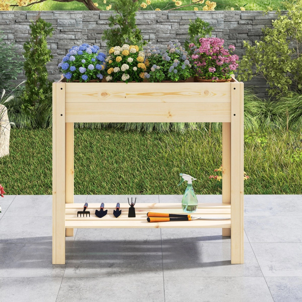 Letto da giardino rialzato in legno contenitore per fiori per interno ed esterno, Fioriera elevata con ripiano Naturale-Fioriere
