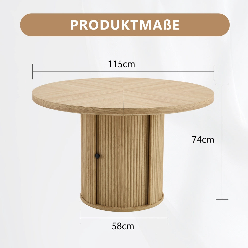 Tavolo rotondo 115x115x74 cm con contenitore; struttura stabile in MDF; naturale