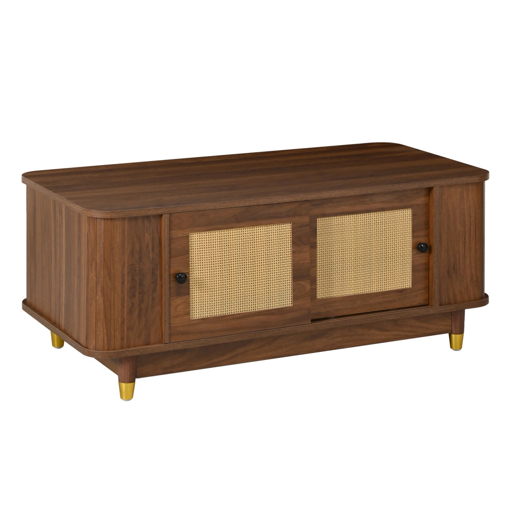 Tavolino da salotto con porte scorrevoli in rattan; vano contenitore; MDF; noce