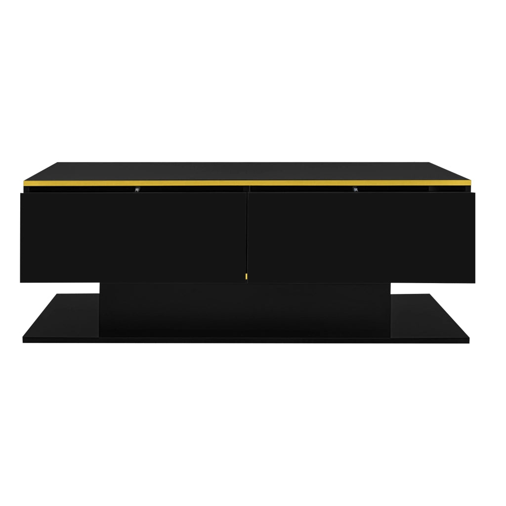 Tavolino da caffè 100x50x40 cm; con LED e 3 cassetti; finitura lucida; truciolato; nero e oro