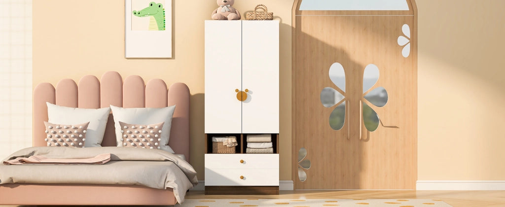 Scaffale con doppia porta, due cassetti e piccoli scomparti in MDF color legno naturale 70 × 50 × 170 cm