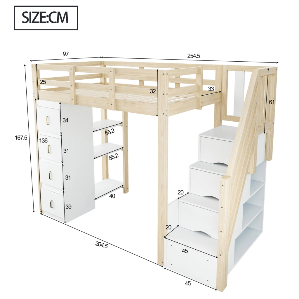 Letto a soppalco 90 × 200 cm con 4 cassetti, scaffale a 3 ripiani e scala con vano, senza materasso, in legno naturale