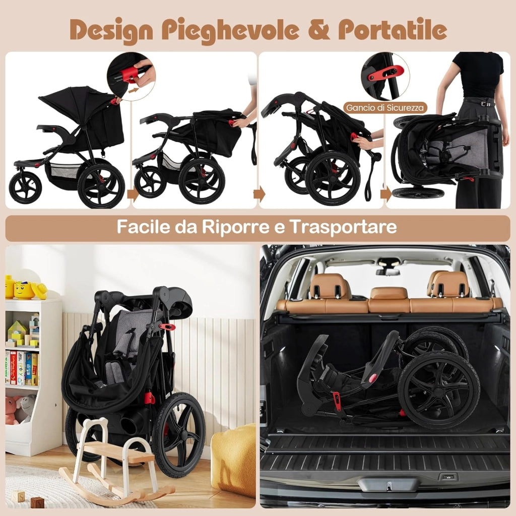 Passeggino Leggero a 3 Ruote, Passeggino Pieghevole con Cappotta Estensibile, Schienale Reclinabile e Portabicchieri, Carrozzina da Jogging per Bambini 0-48 Mesi fina a 22 KG