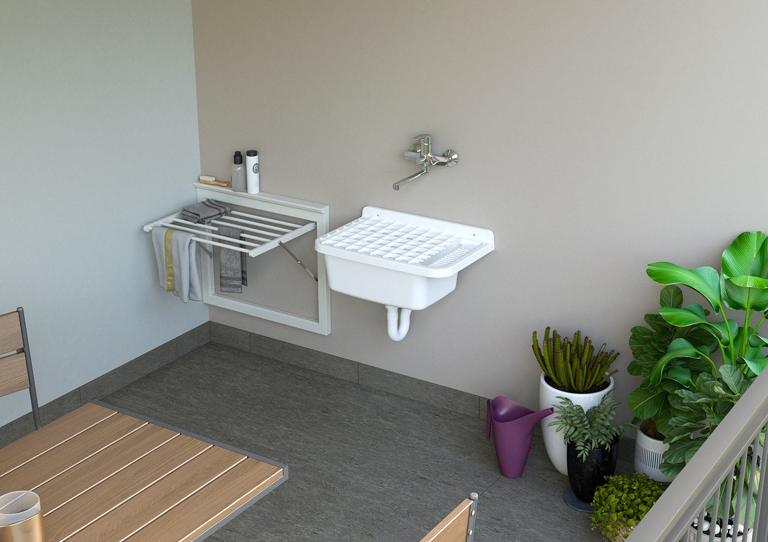 Lavatoio 50 cm Pilozzo a Parete con Griglia in Resina Bianco