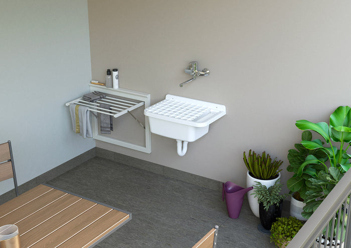 Lavatoio 50 cm Pilozzo a Parete con Griglia in Resina Bianco