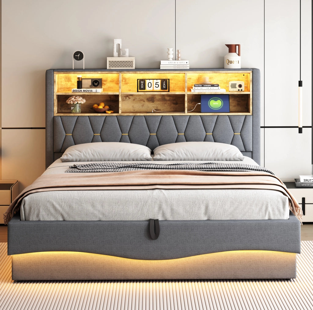 Letto imbottito 180x200 cm con contenitore; LED e USB in lino e ferro grigio