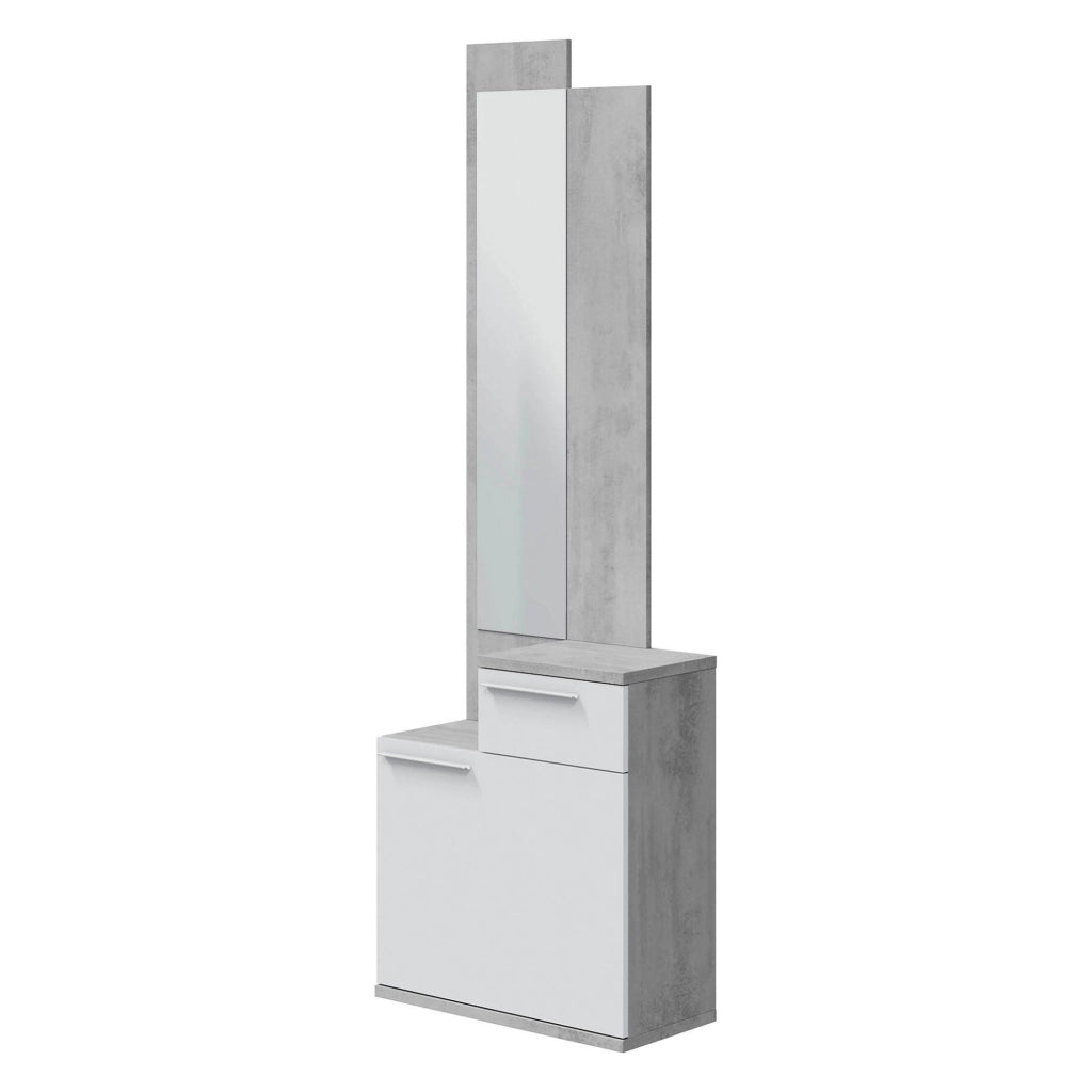 Mobile da ingresso Azzurro, Scarpiera multifunzione con specchio, Armadio a 1 anta e 1 cassetto, 61x28h185 cm, Cemento e Bianco lucido