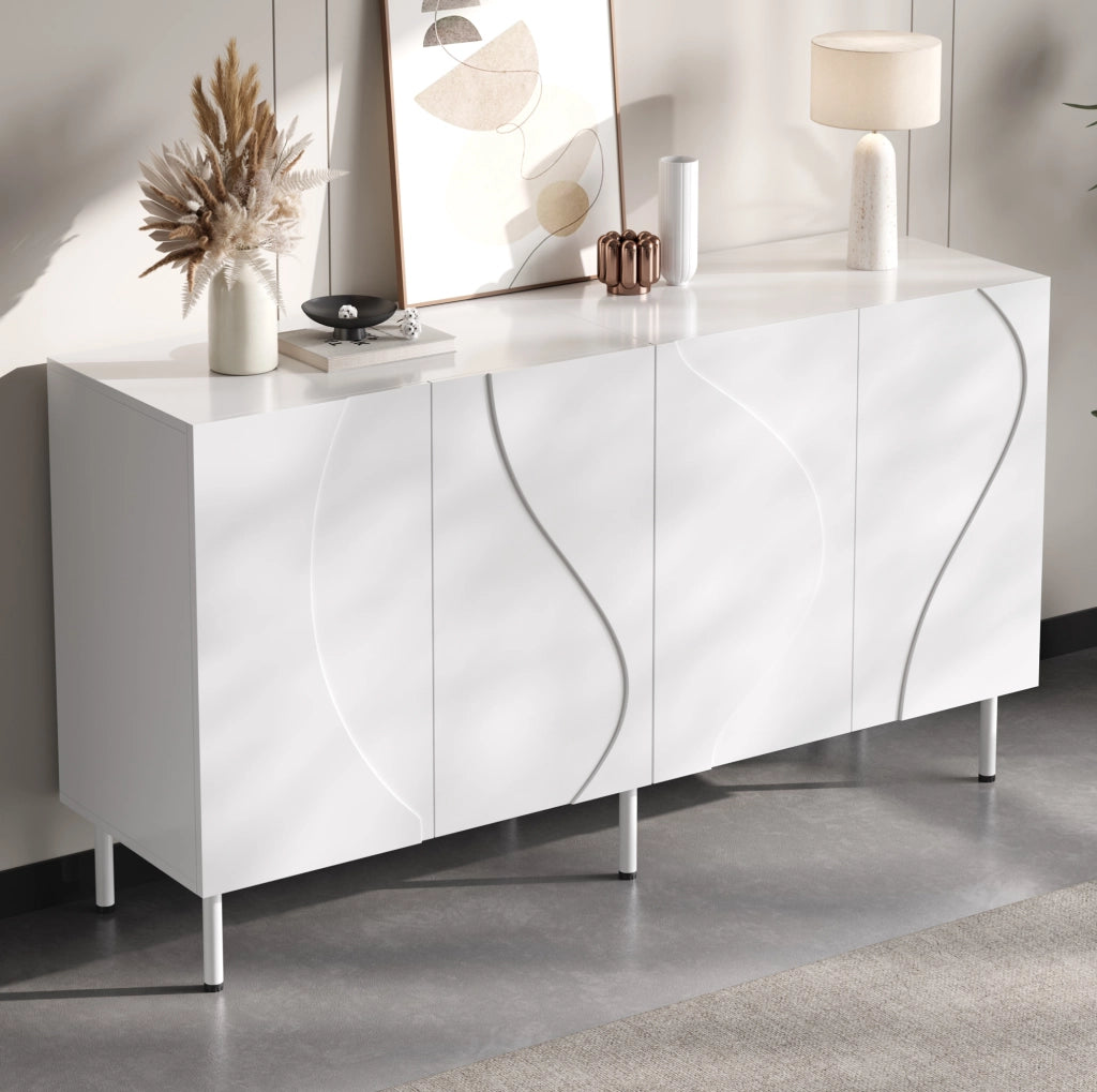 Credenza ULEVR 140x40x77,5 cm con 4 ante curve 3D e apertura push-to-open, bianca