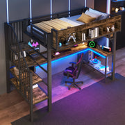 Letto a soppalco 90 × 200 cm con scrivania ad angolo, ripiani, LED e presa USB Type-C, senza materasso