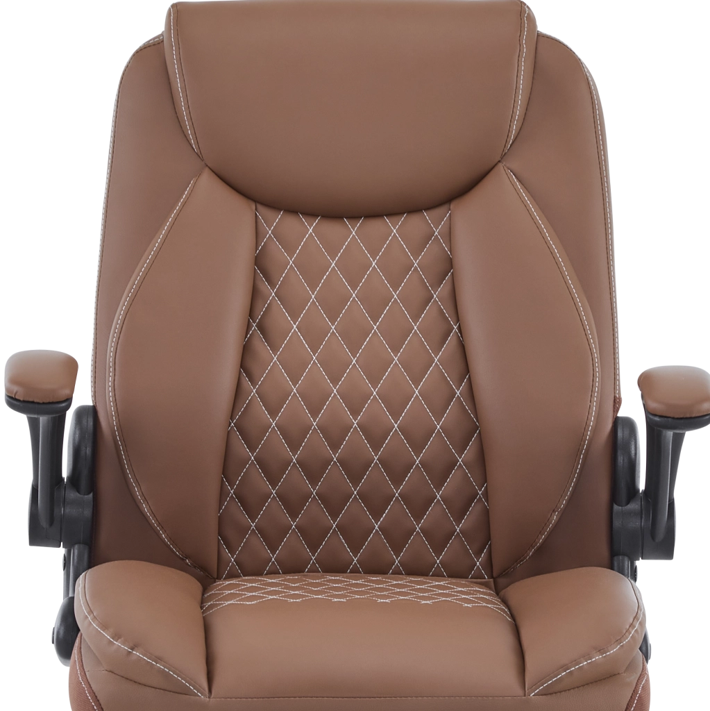 Sedia da ufficio ergonomica in pelle marrone con supporto lombare e braccioli ribaltabili