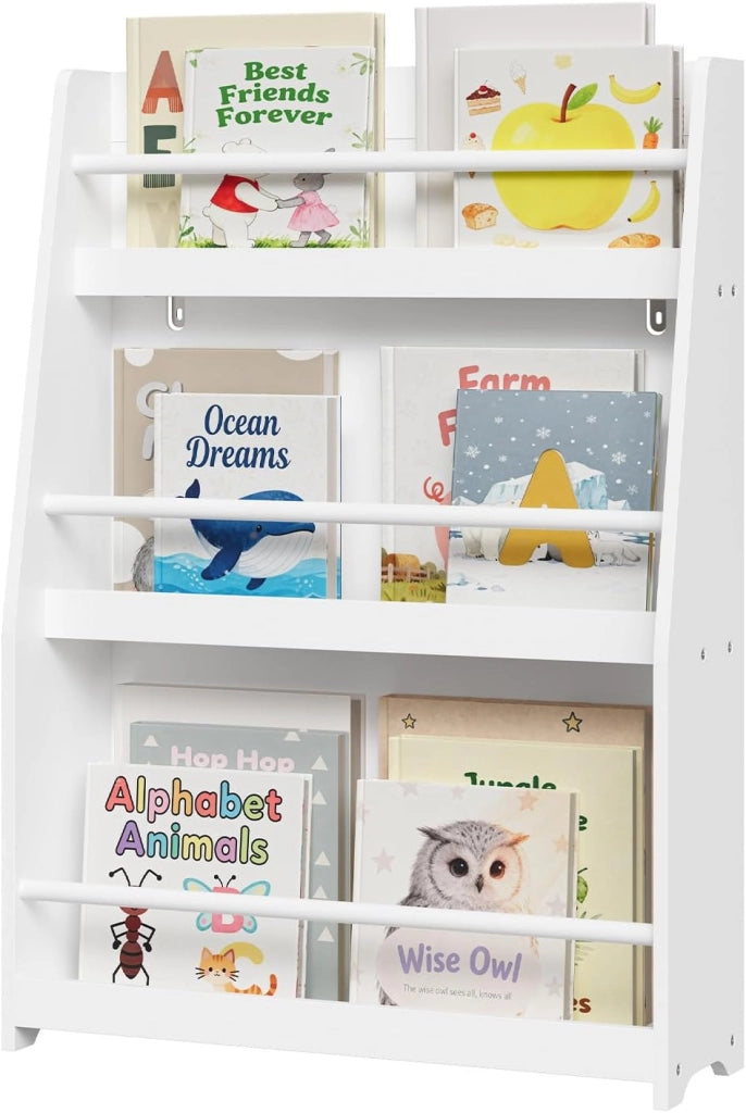Libreria Montessoriana per Bambini, Scaffale Porta Libri e Giocattoli a 3 Ripiani, Organizzatore per Cameretta dei Bimbi, in MDF e Legno di Pino, Bianco